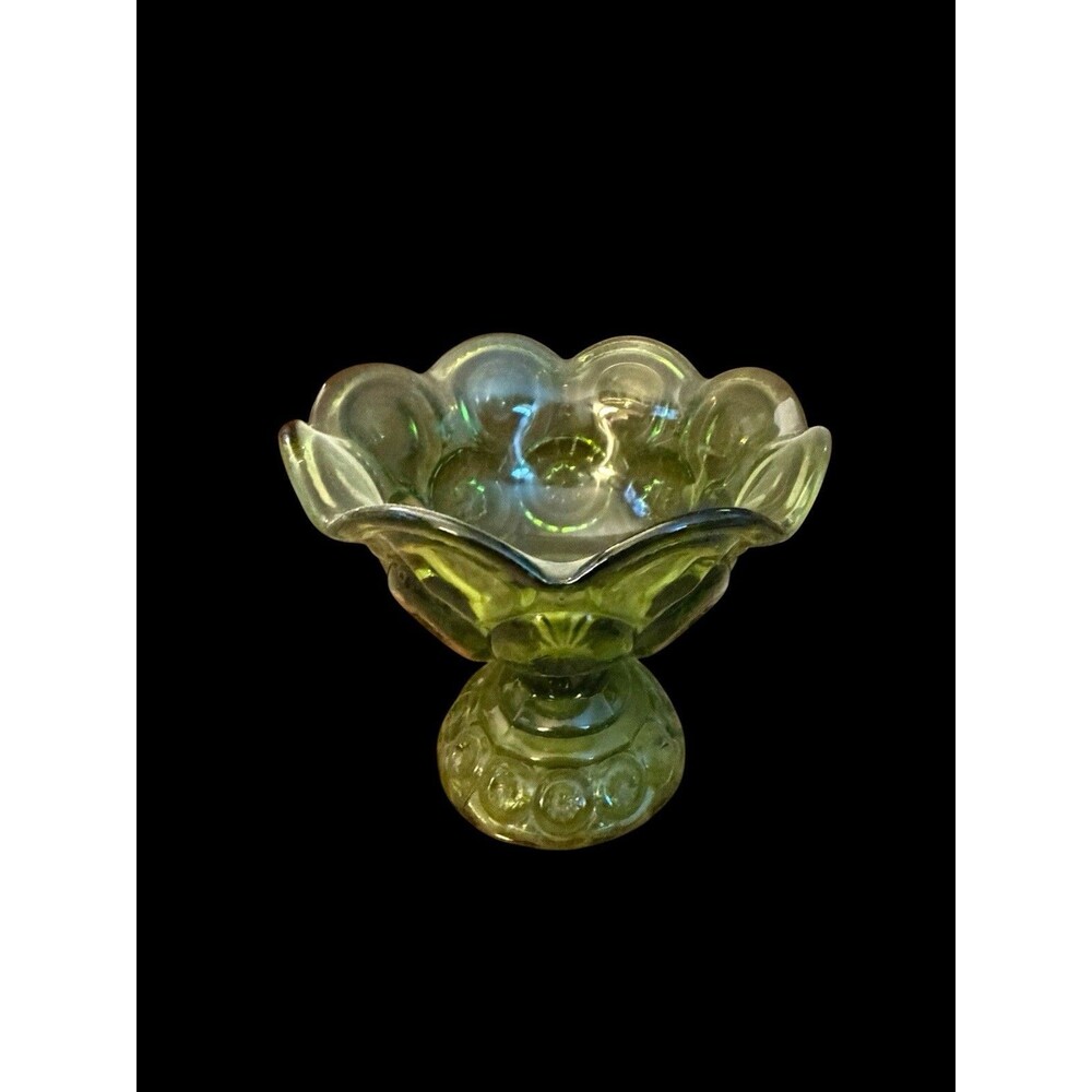 Vtg LE Smith Moon & Stars Scalloped Green Glass Open Compote Candy Dish Vintage